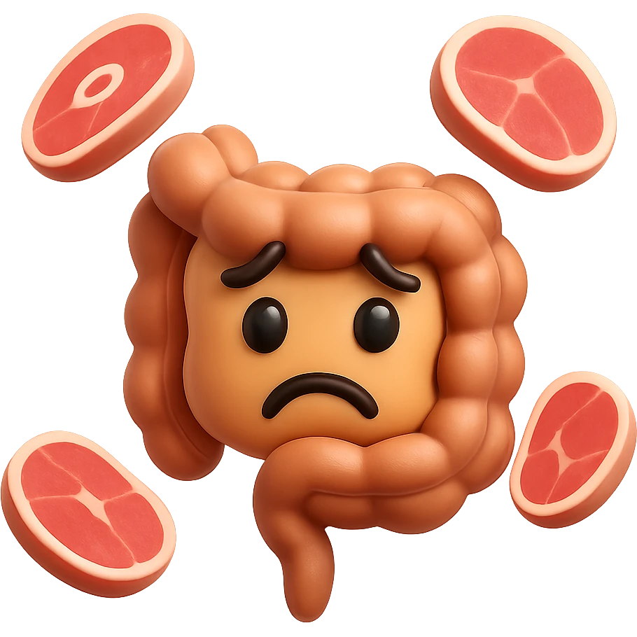 emoji stile iphone in 3d di un intestino triste con fette di carne che gli fluttuano intorno emoji