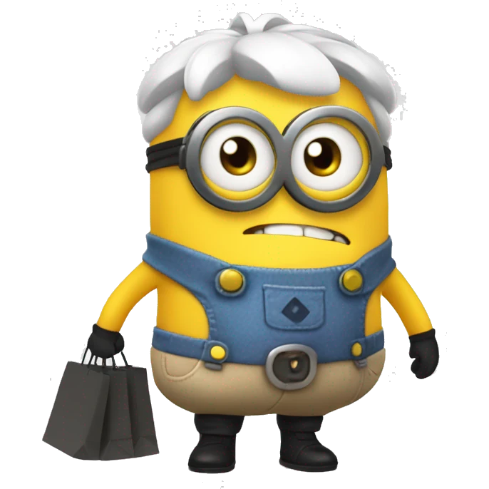Despicable 4 character mega minion with a white hair bow and skirt, eyelashes, and shopping bags emoji