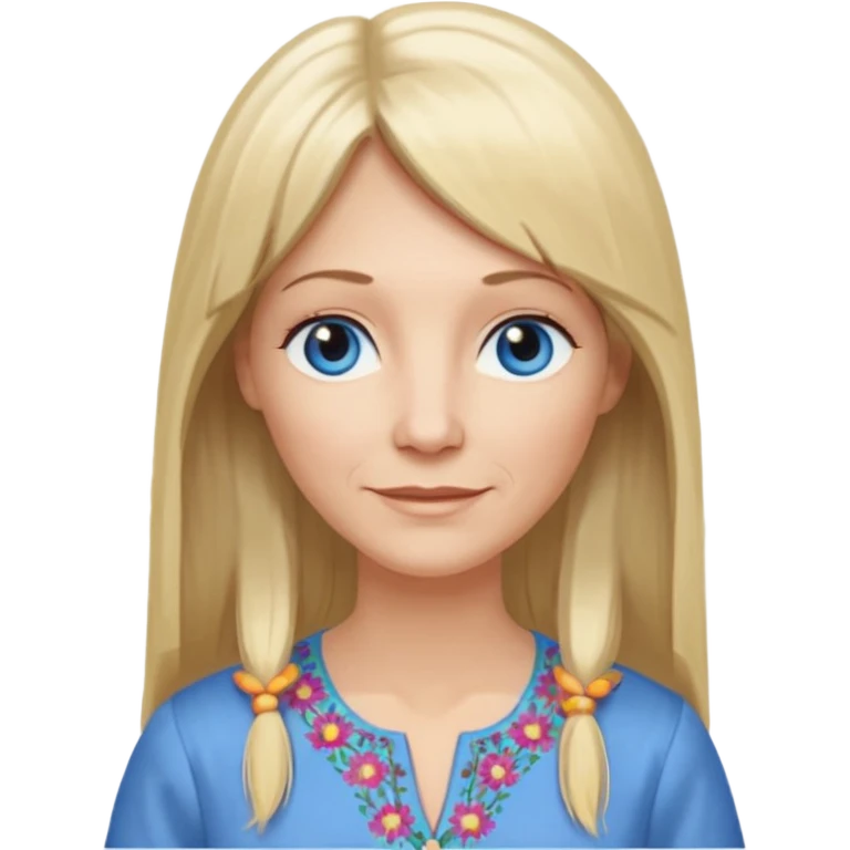 50 yr old white woman, hippie part bangs, very long straight blond hair, oval face, small smile, blue eyes, thin face, hair downback, hair parted at center of head, round cheeks, pale, longer hair, dress shirt emoji
