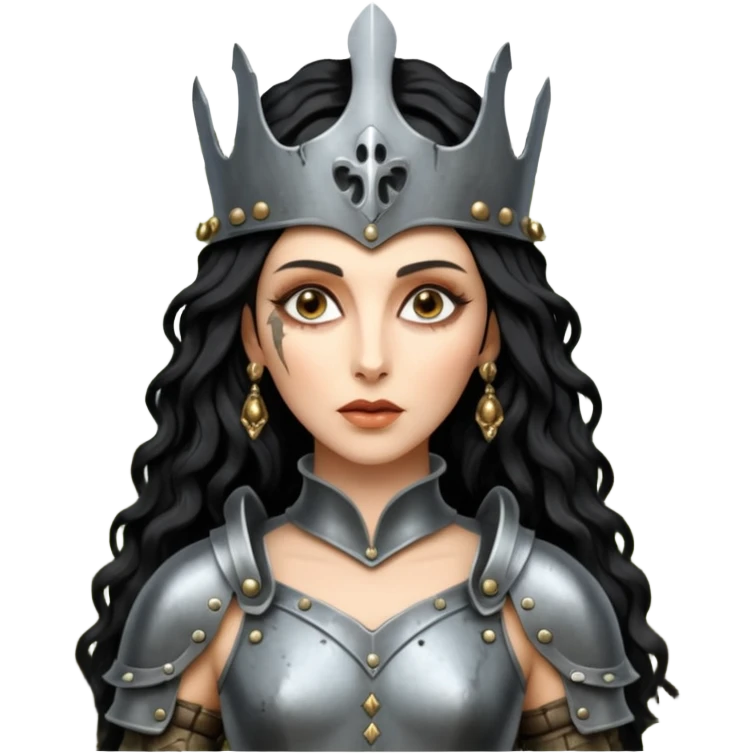 realistic cinematic actress Cher in baroque styling like Joan of Arc dirty damaged armor in a forest emoji