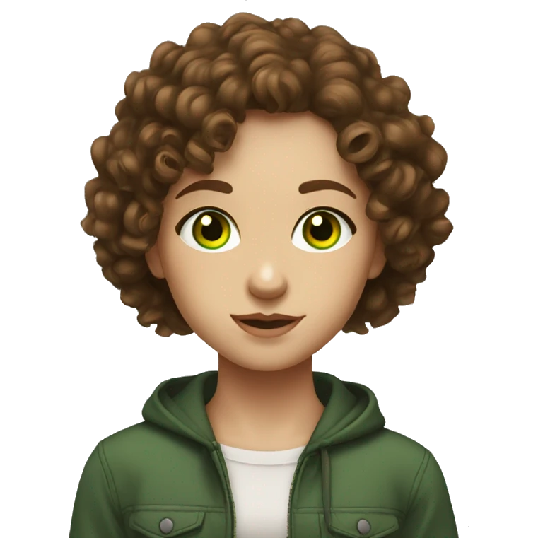 girl with brown curly hair,green eyes,Moldovan,standing,very hot emoji