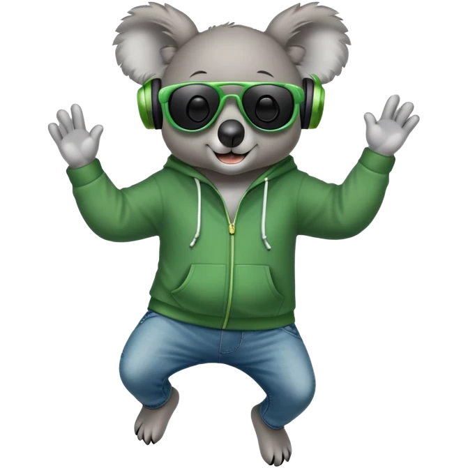 anthropomorphised koala, full body, wearing a hoodie and jeans, dark sunglasses, headphones, dressed for St. Patrick's Day, jumping emoji