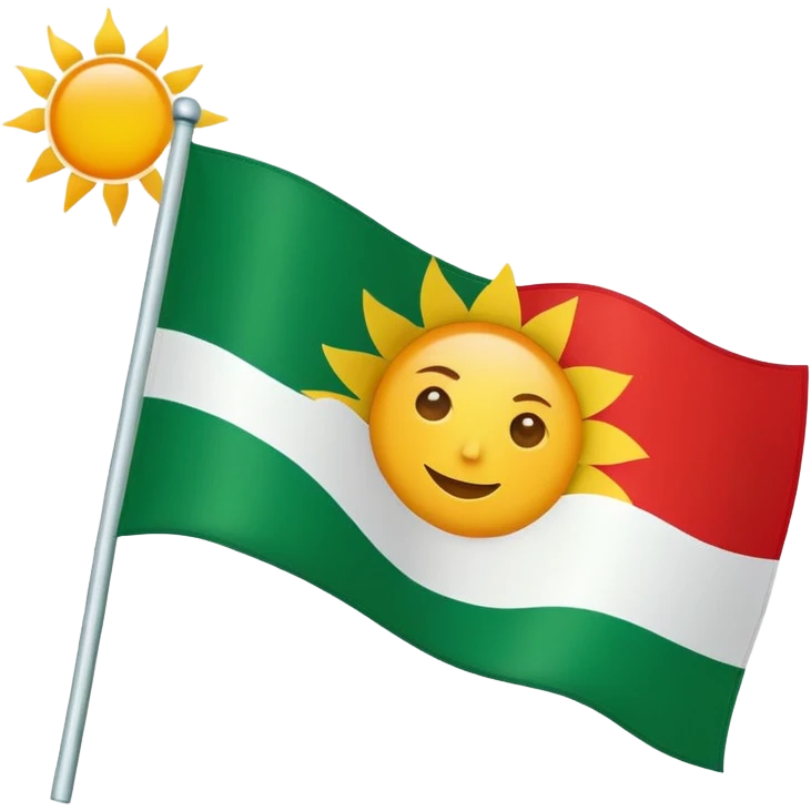 a flag top red middle white bottom green on top of the white a sun  emoji