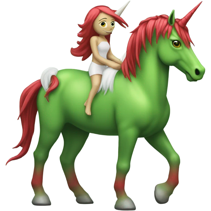 four-legged red unicorn white. a green amazon alien woman, on a unicorn emoji