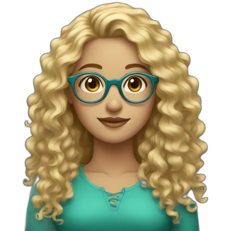 a young woman with long blonde curly hair, golden round glasses and blue-green eyes emoji