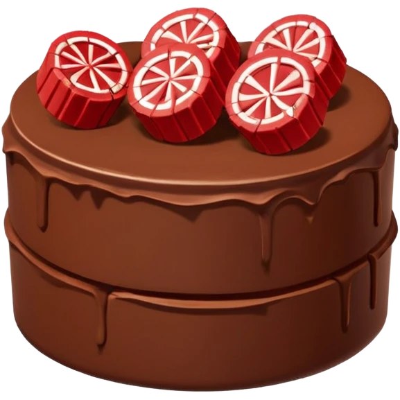 Bolo de chocolate cilíndrico, com fatias de morango em cima e a parede do bolo ao redor de kitkat emoji