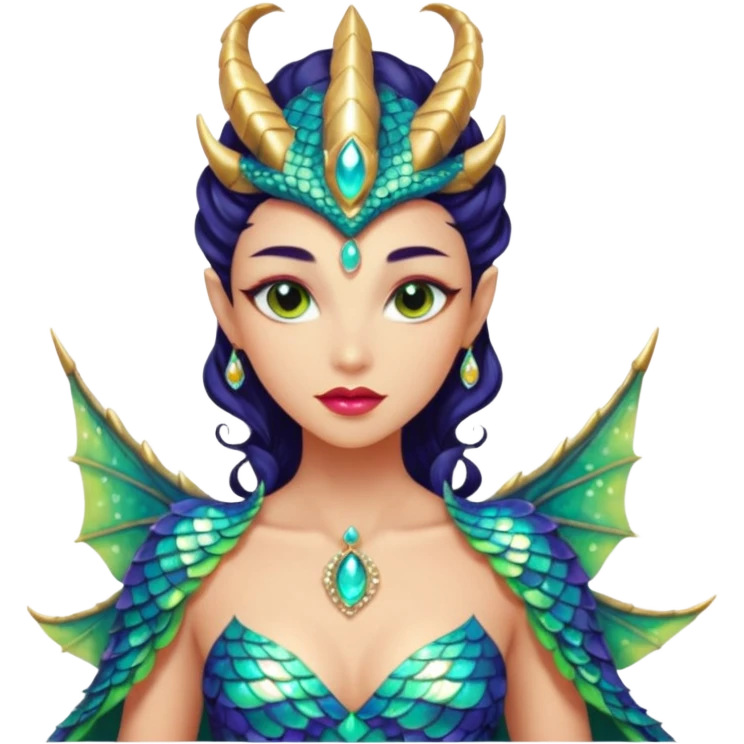 Am amazing blend of a half dragon woman with glittering jeweled scales covering her body. She has large almond shaped eyes, lush lips, and she wears a stunning luminescent gown. emoji