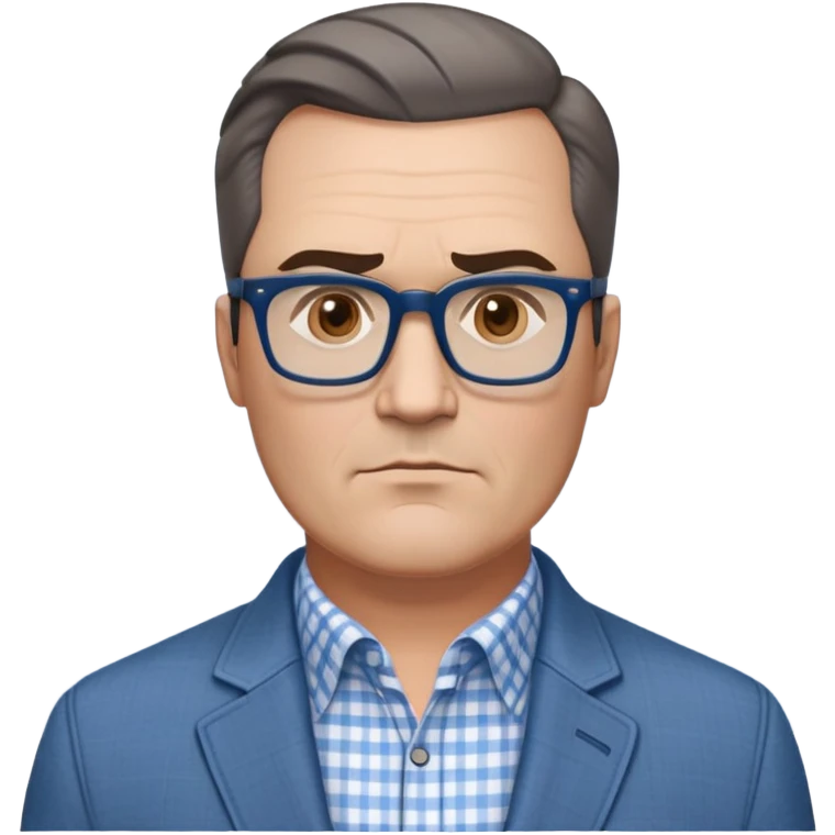 50-year-old heavyset man with very wide face and prominent square jawline. Short straight hair combed to the side, not balding. Large dark square glasses. Serious-relaxed expression. Light gray jacket that fits his larger frame, white shirt with blue checkered pattern. emoji