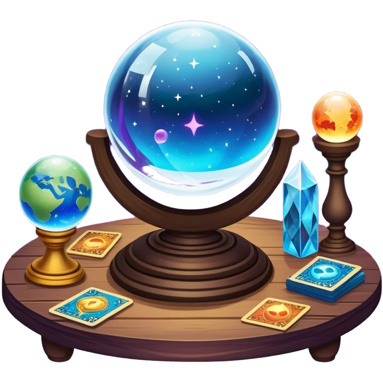 a mystical icon featuring a crystal ball (fortune-telling sphere) on a table with tarot cards scattered around. Surround the scene with planets, stars, and zodiac signs. The design is vibrant, magical, and evoke a sense of mystery and spirituality, with glowing effects and a cosmic atmosphere. emoji