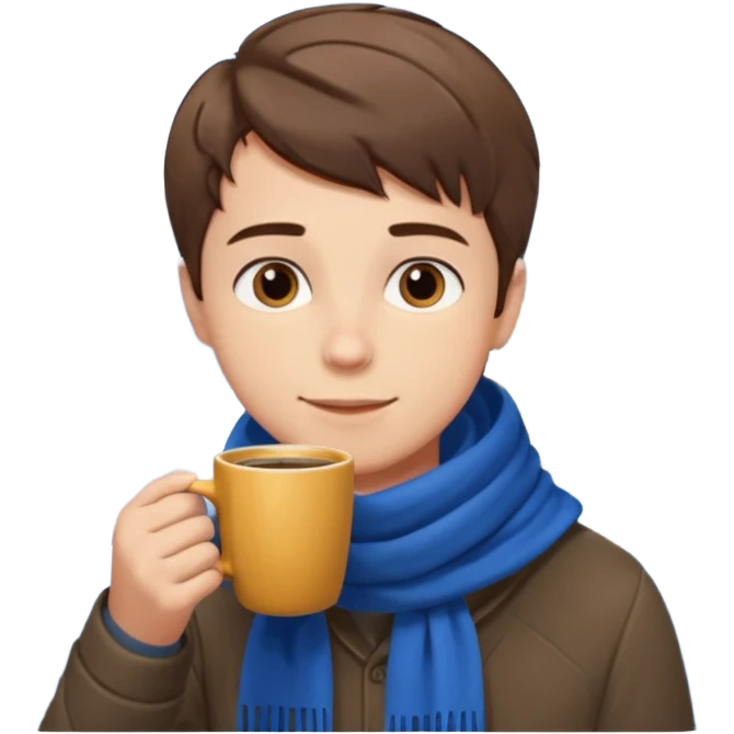 a boy with short hair, having scarf,  drink coffee, enjoy emoji