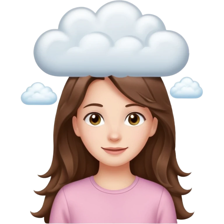 happy white long brunette hair girl with hazel eyes in light pink with white cloud thought bubble emoji