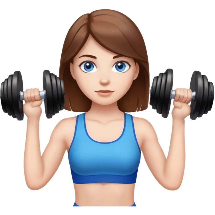 White girl with brown hair and blue eyes with weights in hand emoji