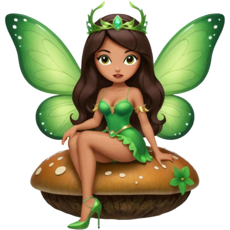 A sexy, super pretty bratz girl with caramel skin. Huge tits. Dark brown hair and brown eyes. She has freckles. Wearing sexy makeup. Wearing a green fairy costume and heels and flying nsfw sitting on a mushroom emoji
