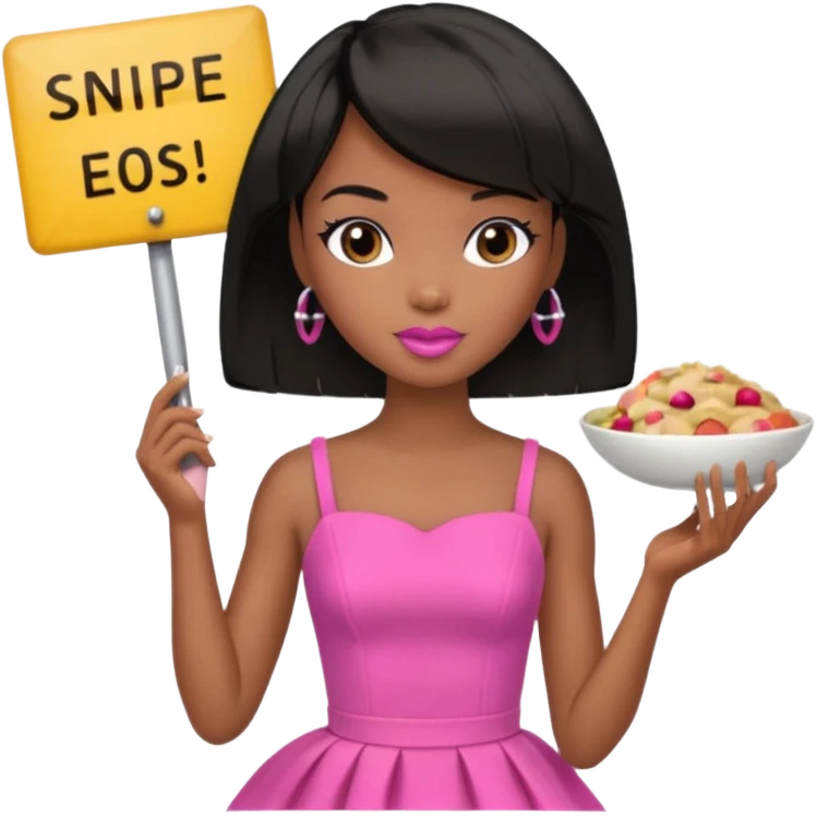 Black barbie, short  black bob  hair, pink dress eating with a sign that says snipe emoji