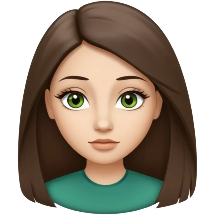 Adult woman avatar, light skin tone, oval face, long straight ashy brown hair, green almond-shaped eyes with dramatic eyelashes and minimal eyeliner, neutral mouth, medium straight eyebrows, small nose, smooth skin emoji