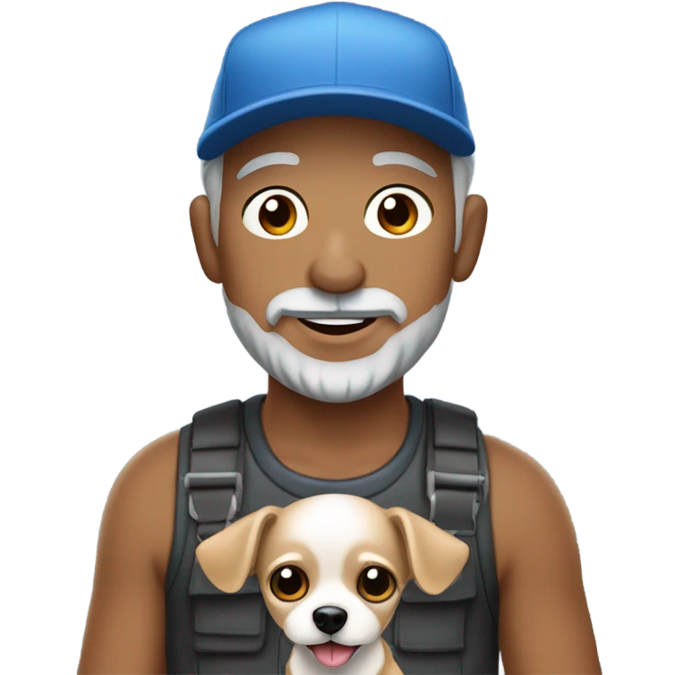 blue eyed man with gray hair gray goatee wearing ball cap holding chihuahua with long black hair emoji
