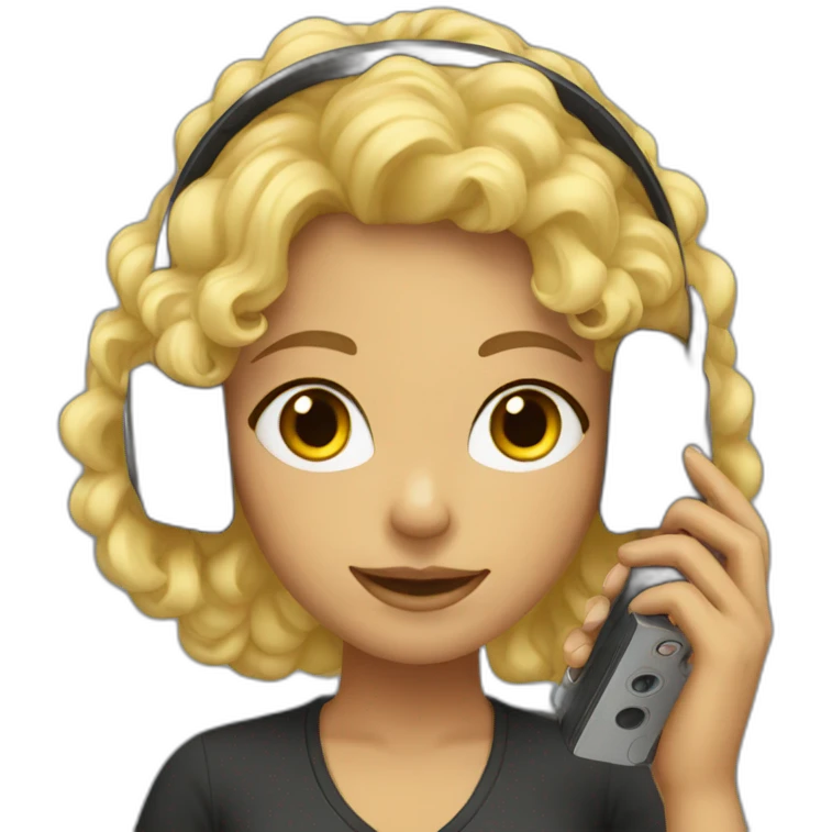 A woman with blond and curly hair and wearing headphones and a phone emoji
