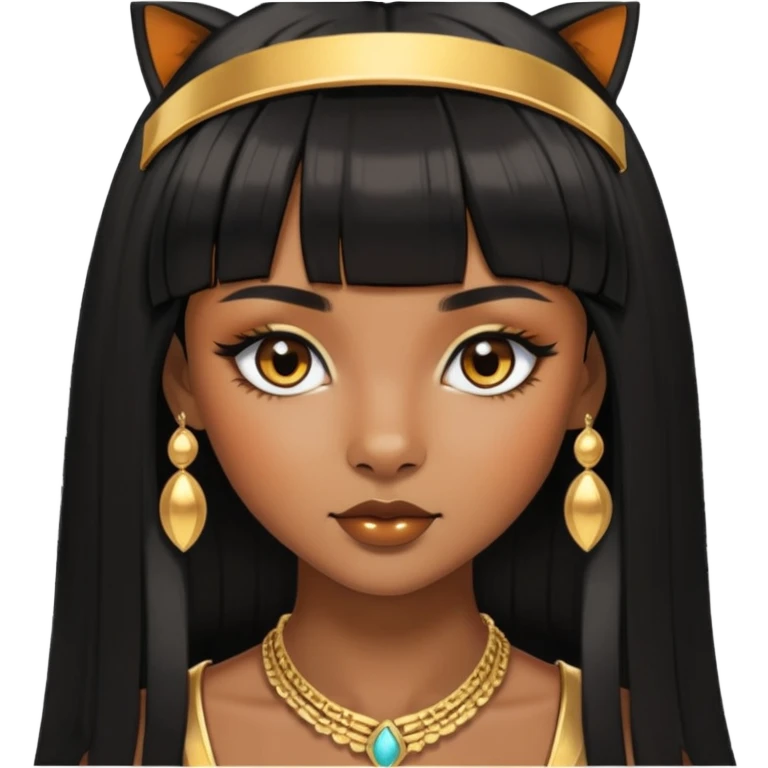 brownskin girl, fox eyes, black straight hair with bangs above eyebrowns, golden accessories emoji