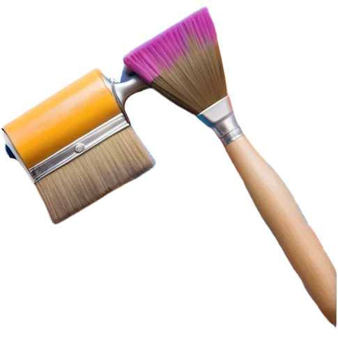 Create an icon that represents the hobby of wall painting, featuring a wall with a beautiful painting in progress. The design should include a paintbrush, a roller, and part of the wall decorated with colorful patterns or a mural. The icon should show the process of creating the artwork, with the brush strokes visible on the wall, symbolizing the artistic nature of the craft. The composition should be balanced and harmonious, evoking creativity and skill. The background should be transparent. emoji