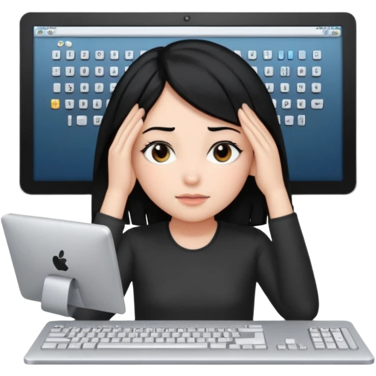 A girl is in front of a computer and is holding her head.The one with black hair And the computer is of a certain type hp emoji