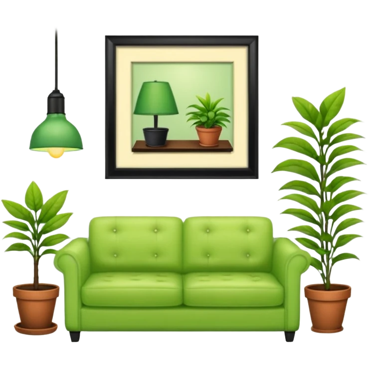 living room in ios emoji style

no TV, and make the couch a light green color

there is a lamp on one side and one plant on the other side emoji