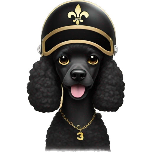 Black poodle wearing a gold football helmet with black stripe and gold fleur de lis emblem emoji