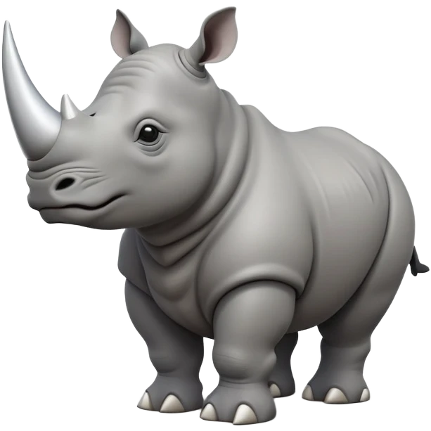 cinematic-rhino-full-body-standing-emoji,white horn, slate grey skin -massive-body-poised-powerfully,-thick-horn-curving-slightly-forward,-head-tilted-dramatically,-rough-grey-hide-covered-in-dust,-simplified-focused-features, large cute black eyes emoji