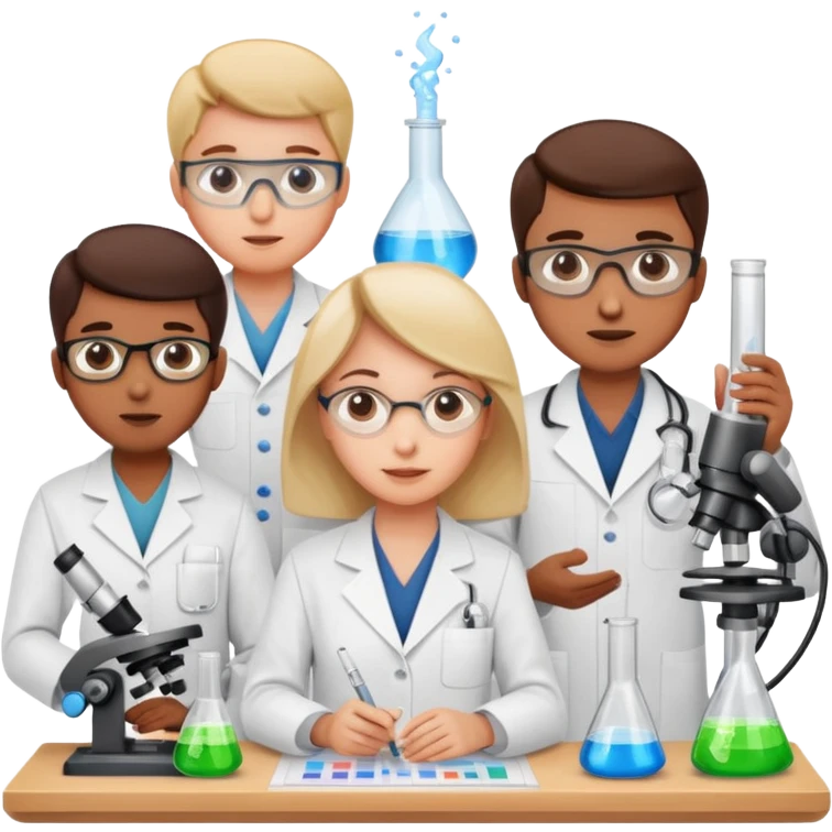 R&D team collaborating with lab equipment and charts emoji