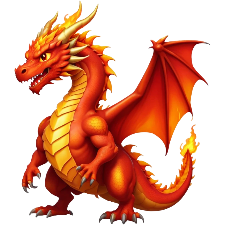 cinematic-noble-fierce-fire-dragon-full body-emoji,-poised-and-imposing,-with-a-muscular,-scaled-body-ablaze-in-fiery-hues-of-crimson,-molten-orange,-and-molten-gold,-and-intense,-burning-eyes-that-mirror-the-heart-of-a-volcano;-rendered in detail emoji