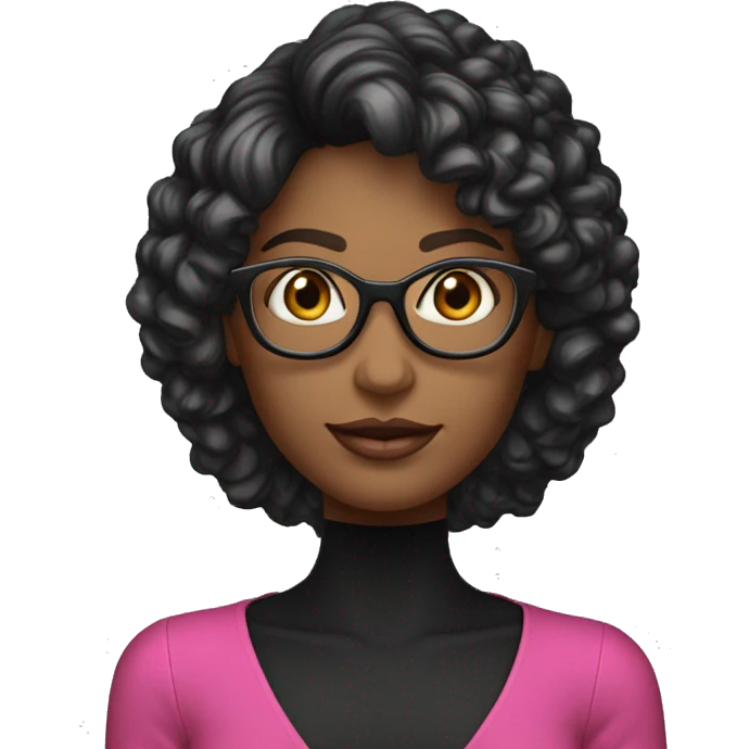 Mulher de pele branca com cabelo médio, preto, sobrancelhas grossas, olhos brilhantes, óculos, boca rosada, olhos castanhos, duas covinhas, blusa de gola alta preta   emoji