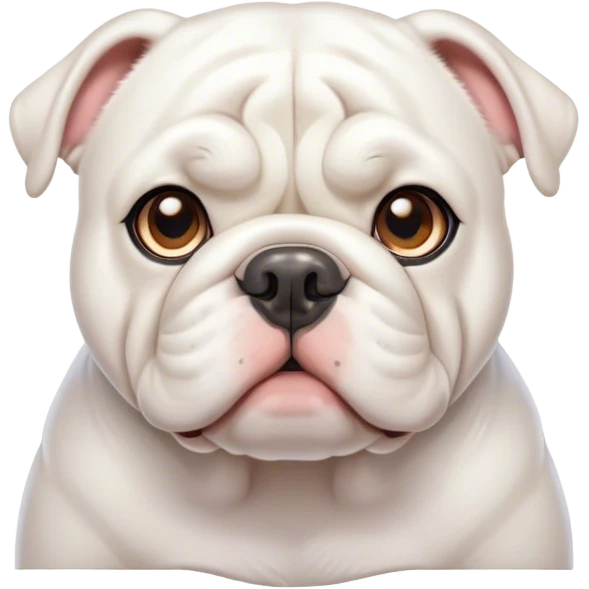 Cinematic Cute White English Bulldog Portrait Emoji, Head tilted playfully and inquisitively, featuring a silky pure white coat with a gentle sheen, round, sparkling brown eyes filled with curiosity, Simplified yet irresistibly adorable features, highly detailed, glowing with a warm, friendly glow, high shine, affectionate and charming, stylized with a touch of whimsy, bright and endearing, soft glowing outline, capturing the essence of a mischievous yet loving companion, so playful it feels like it could bound out of the screen and into your arms! emoji