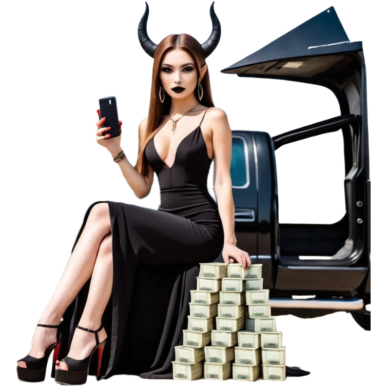 Sensual queen long brown straight haired sexy drug lord woman with black platform high heels with  on her feet,  and devil black horns on her head, holding a stack of cash, has a phone in other hand. Sitting on a large big new model F350 pickup truck  full of drugs, long black dress with sexy slit emoji