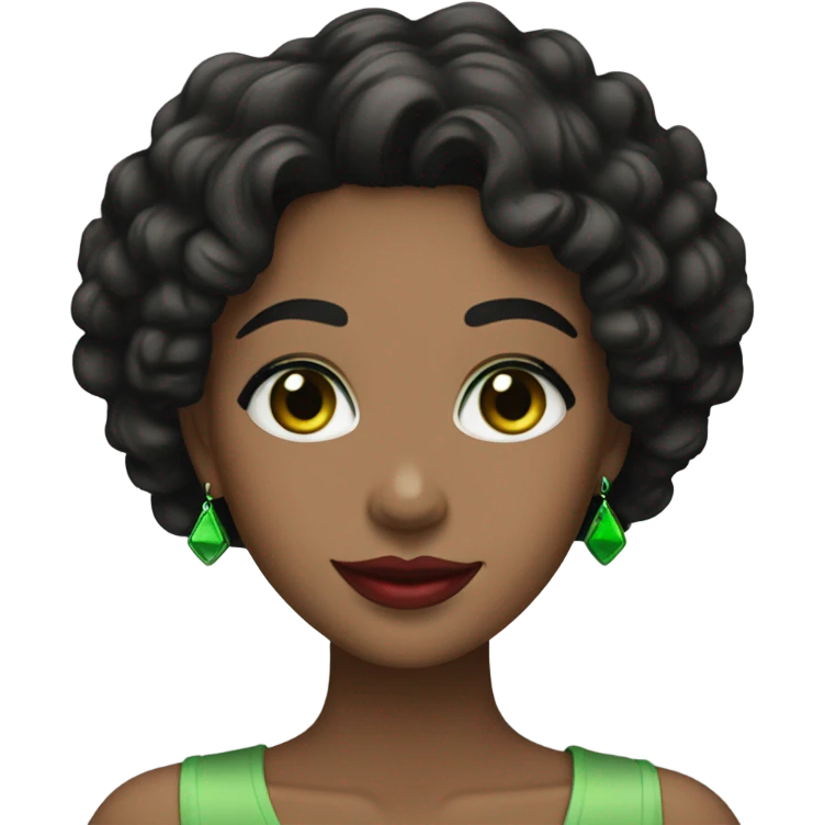 woman with black curly hair, red lips, green eyes and smile  emoji