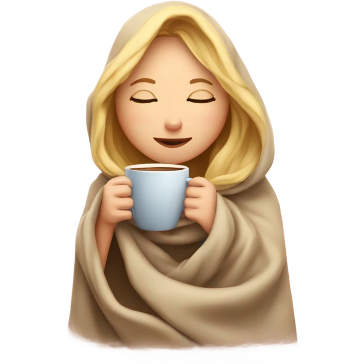 Blonde girl inside a blanket sipping coffee eyes closed emoji