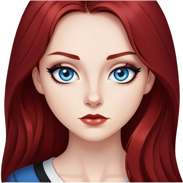 Long dark res hair, blue eyes, sharp black eyeliner Baddie emoji