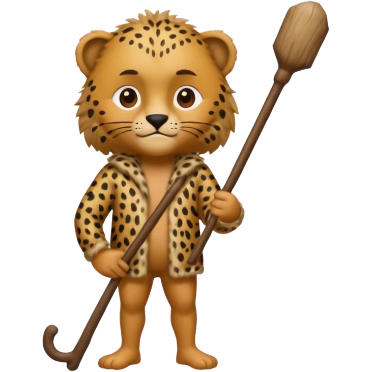 Give me a human who has hunch back and wearing cheetah print clothes  lot of hair on his body show full body and has a stick in his hand emoji