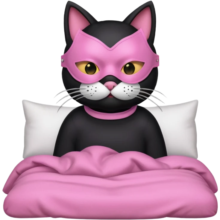 a black cat with pink mask and shirt, half upon
 emoji