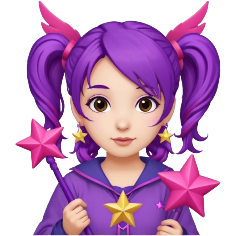 Create an emoji of a fairy-like woman with purple hair tied into two pigtails, red stars in her hair, wearing a pink outfit and pink wings. She is holding a pink star-shaped wand and wearing purple circular earrings. emoji