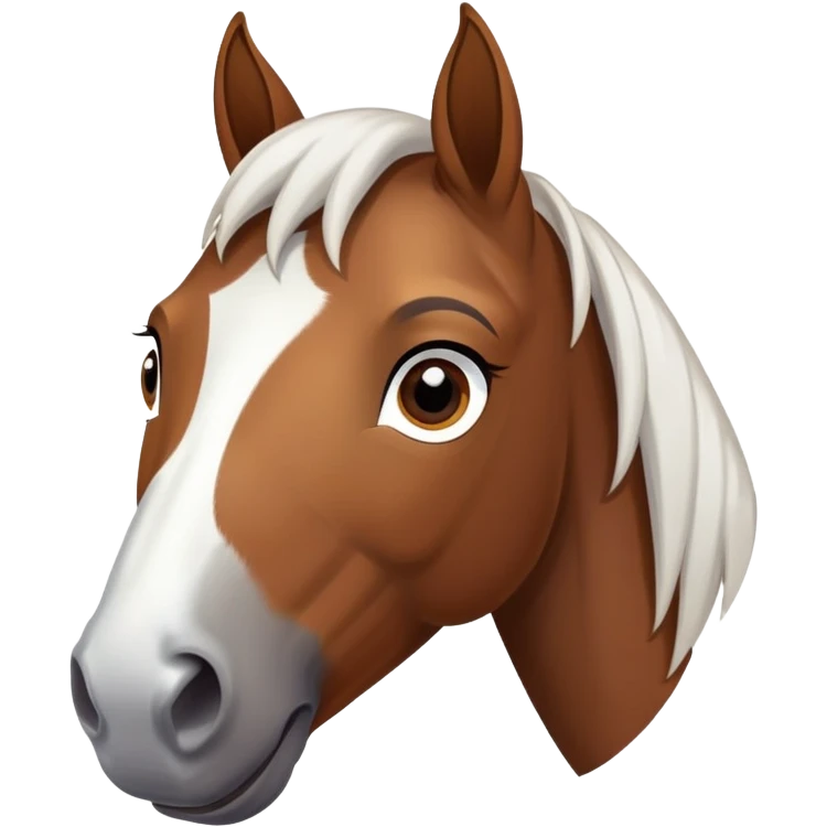 a brown horse, the main thing is that the horse has a white spot on the forehead between the eyes in the shape of an inverted triangle and a white spot on the right side of the nose. Pose and expression - cute face, Background - transparent for telegram emoji
