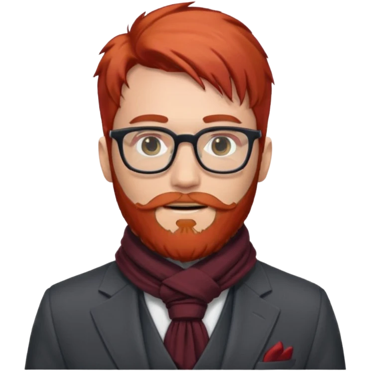 gray scarf, male,  beard, red hair, with suit, glasses emoji