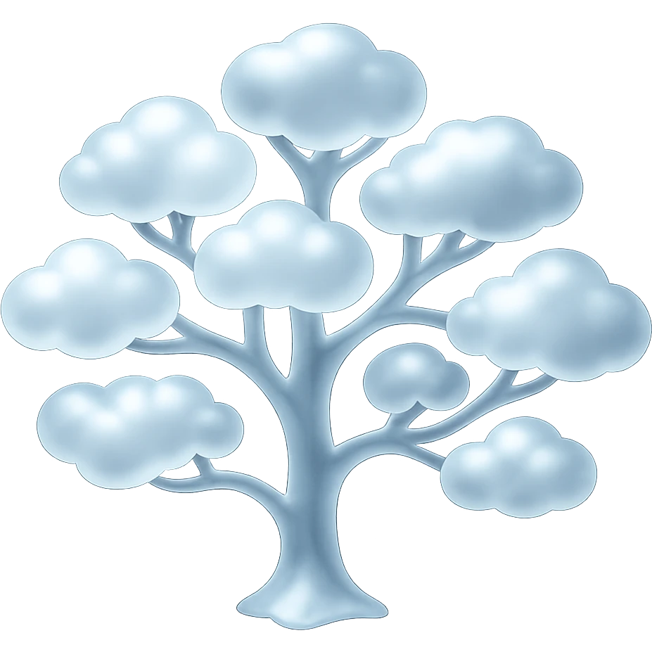 Move the tree trunk to the right so it is exactly centered in the image. Keep the fluffy white clouds and the white trunk as they are. The background should be transparent. emoji