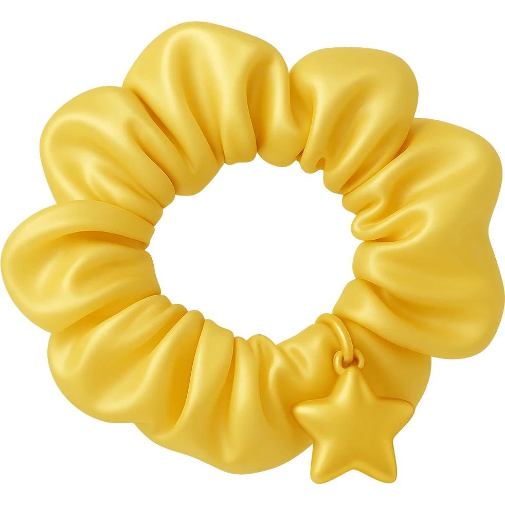 Change the gold heart charm to a gold star charm on the pastel yellow silky scrunchie, keep the 3D emoji style and shimmer effect. Remove the background. The style is 3D emoji style with shimmer effect. emoji