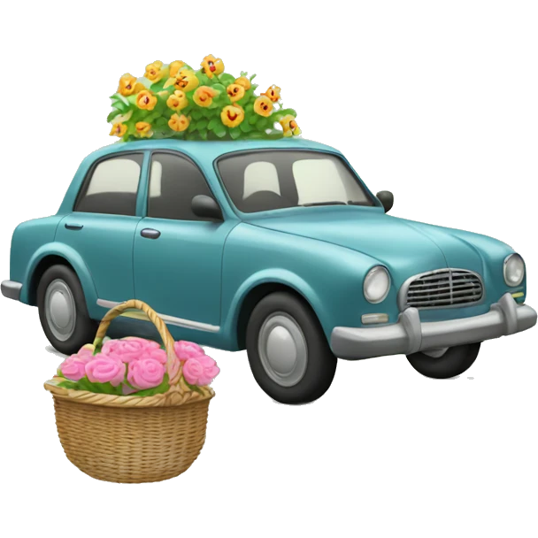 car wearing a bow tie going on a walk with a basket of flowers emoji