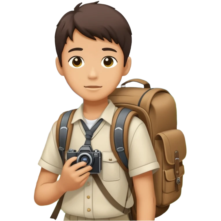 Japanese high school boy with camera and backpack during school field trip at historical site emoji