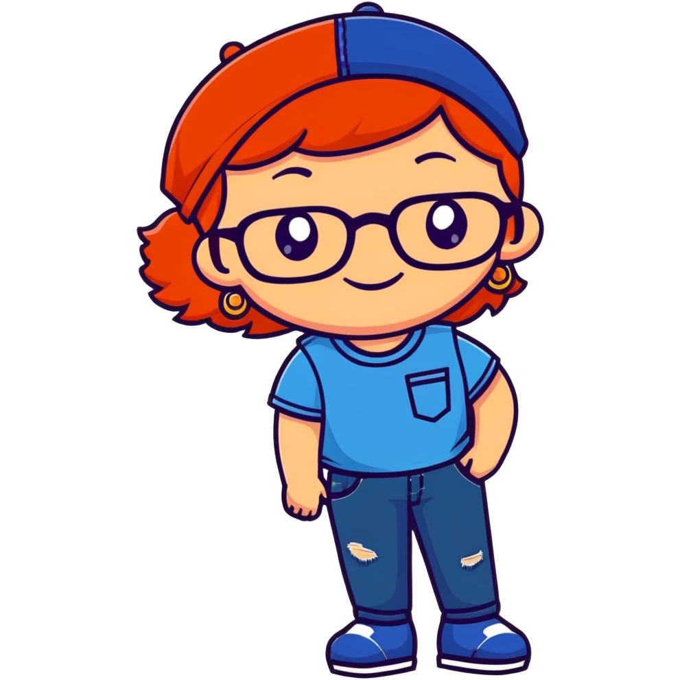 Young person with red hair, glasses, earrings and a wonderful smile, wearing blue clothes, jeans and a cap emoji
