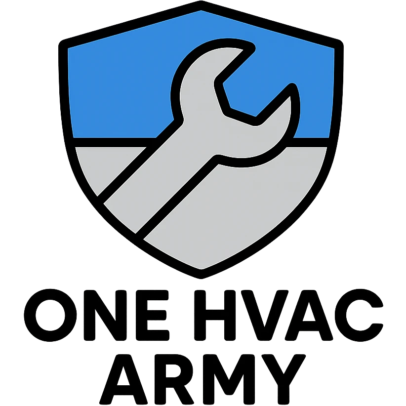 bold modern icon of a shield and wrench motif for HVAC installation company called One HVAC Army, blue and silver colors emoji