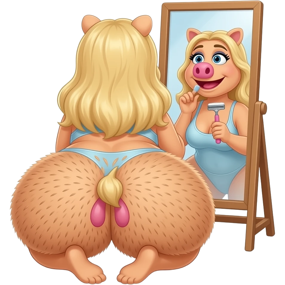 Miss piggy cartoon  camel toe  Thick voluptuous  extremely hairy buttocks cheeks blonde female spreading open  butt cheeks and observing looking back  hairy butthole wide open looking at it in mirror squatting with her shaving razor emoji