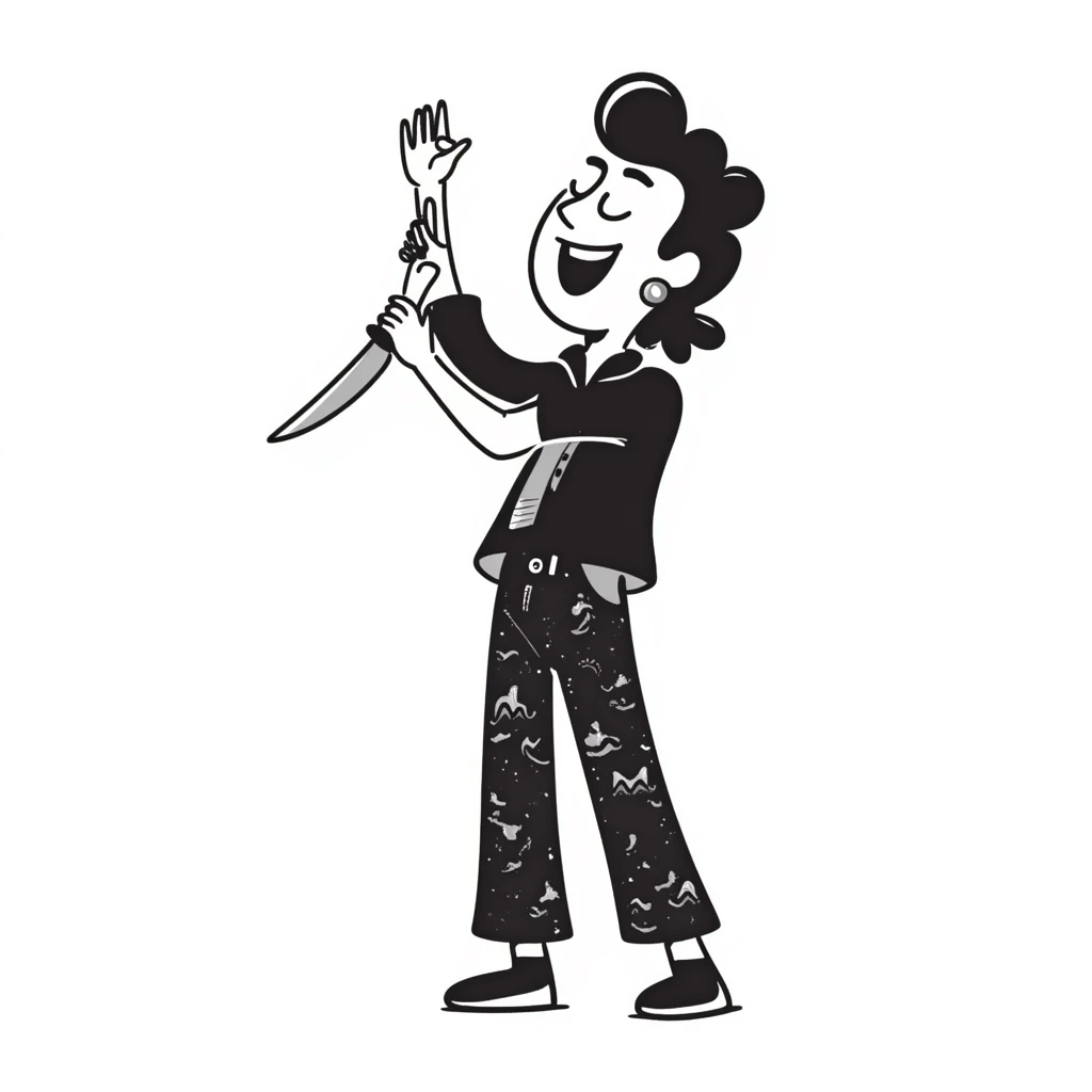 hand-drawn sketch of a savage person in 1988 outfit with mullet hair, acid wash jeans, holding knife, laughing crazily emoji
