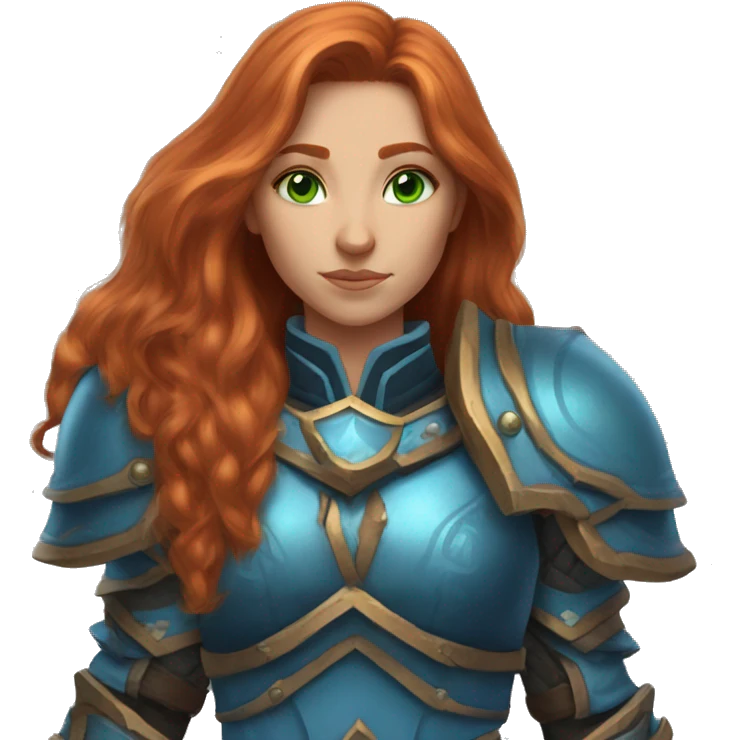 female human from world of warcraft, long ginger hair, green eyes, blue armor emoji