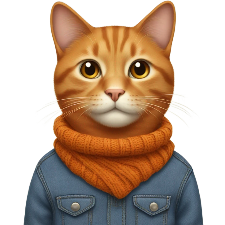orange cat wearing brown sweater with blue collar and log hurt blue jeans emoji